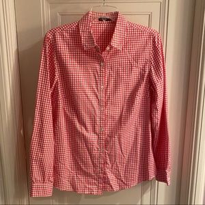 Red and white check button down